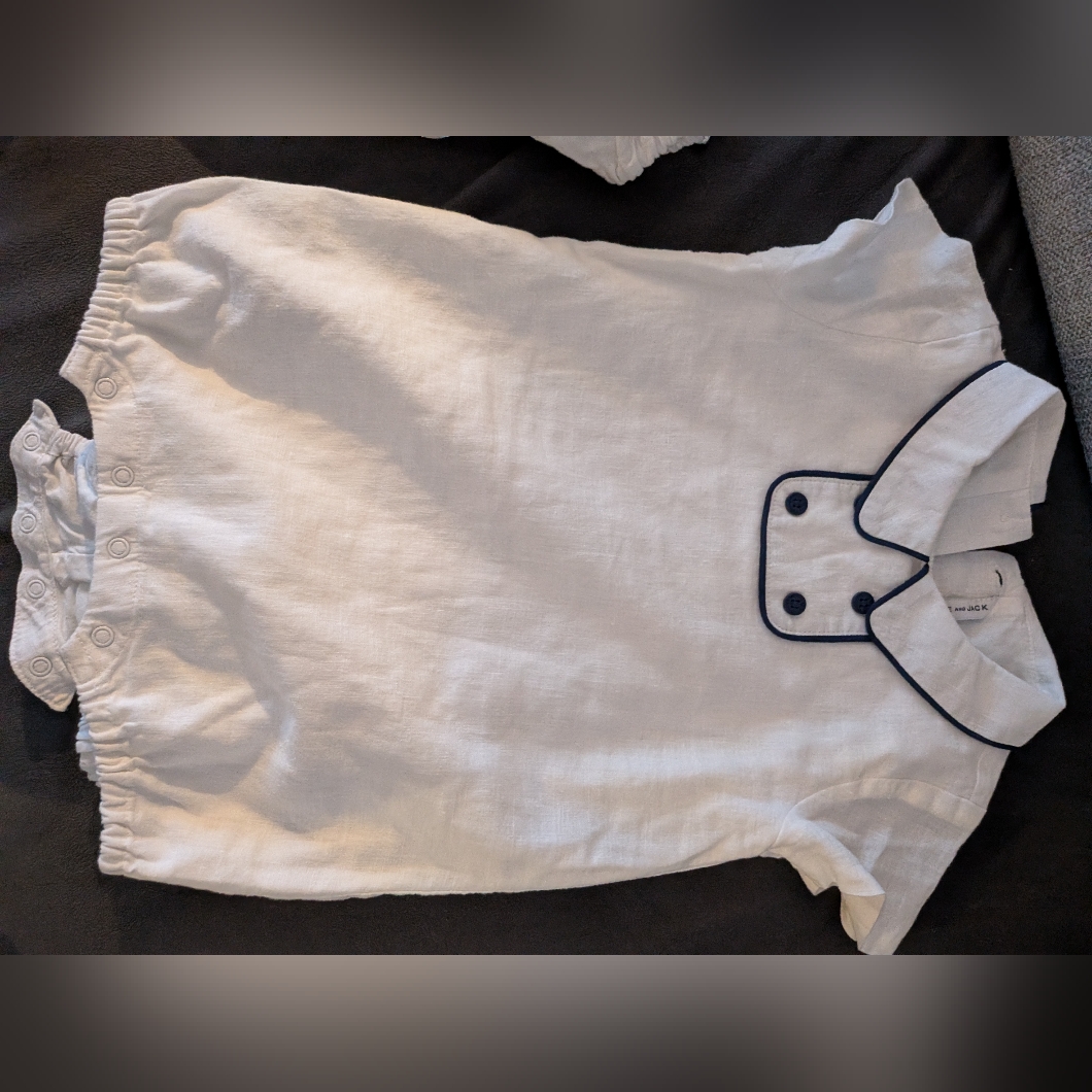 Linen/Cotton White Baby Romper With Navy Trim